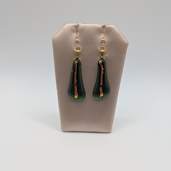 Hand Crafted Green and Gold Butterfly Wings Earrings. Gold Hooks.